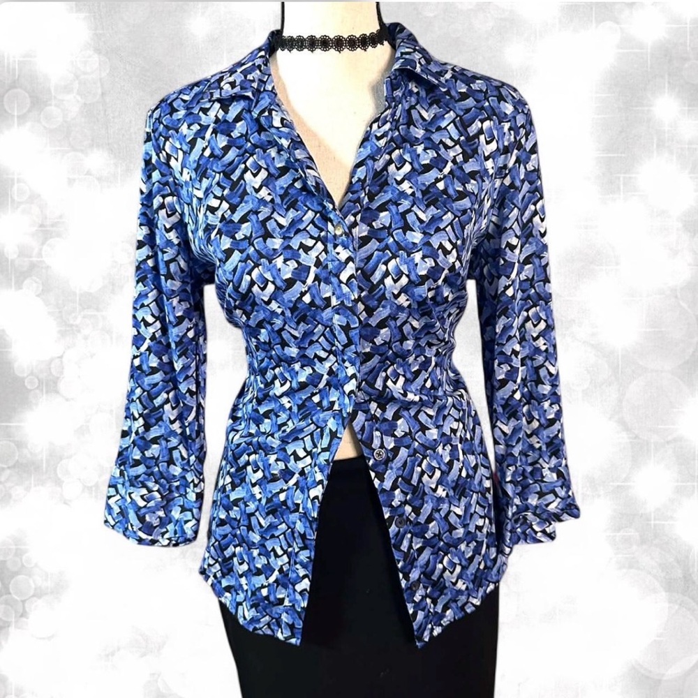 Vintage Style Classic Abstract Blue Long Sleeve Button Up Top